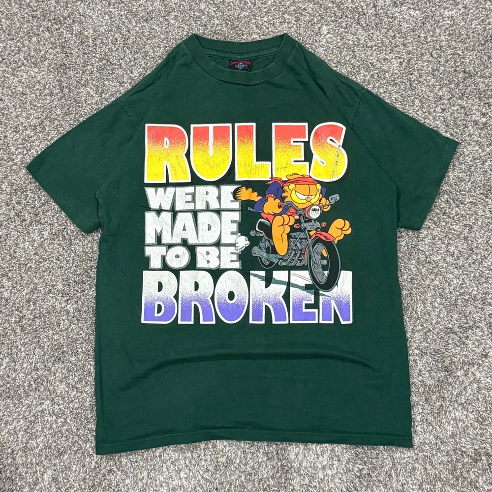 Vintage 90s Garfield Biker Tee Rules Were Made To Be Broken Single Stitch Mens L